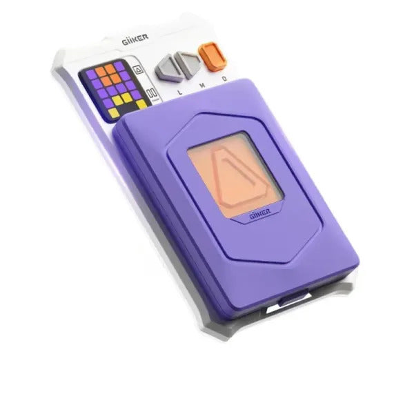 White handheld electronic game with a purple sliding tile, colorful LED grid screen, and orange and grey buttons.