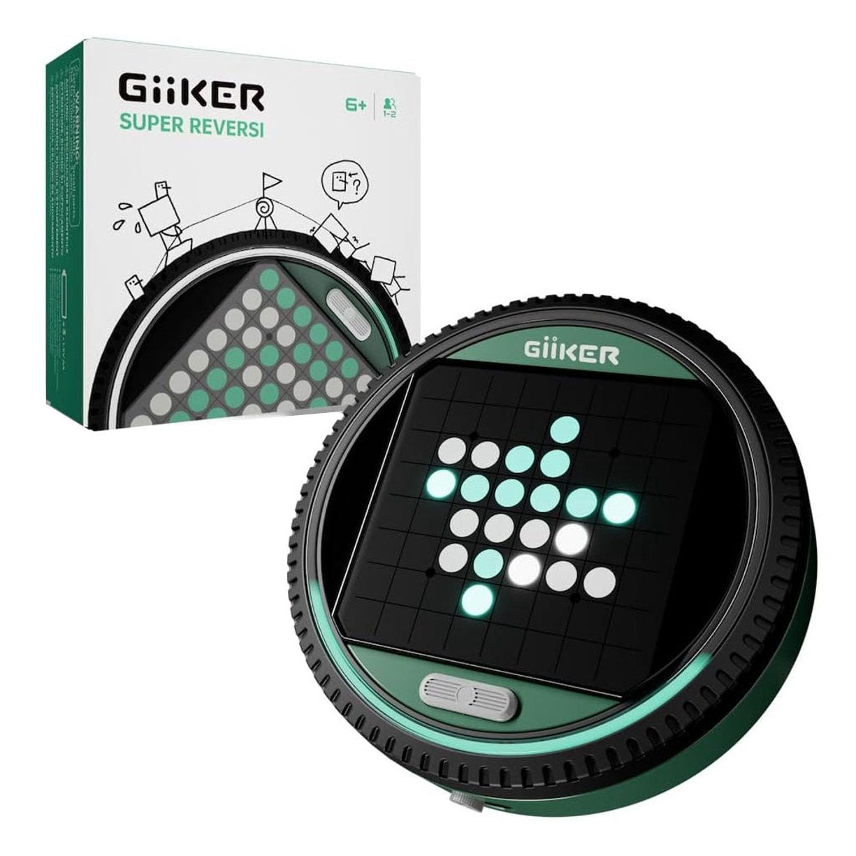 Circular green electronic handheld game showing glowing white and cyan dots on a black grid next to its retail box.