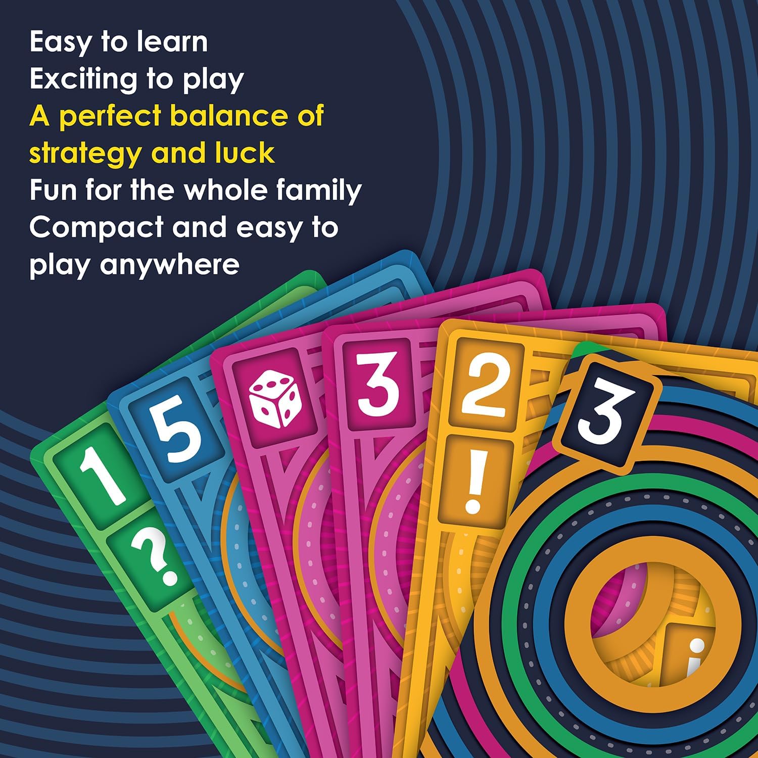 Colorful numbered cards and game symbols fanned out against a dark blue background with white and yellow text.