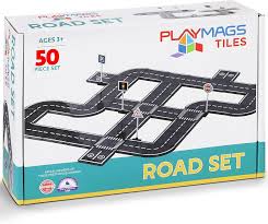 White box for Playmags 50 Piece Road Set featuring a large layout of black magnetic road tiles and signs.