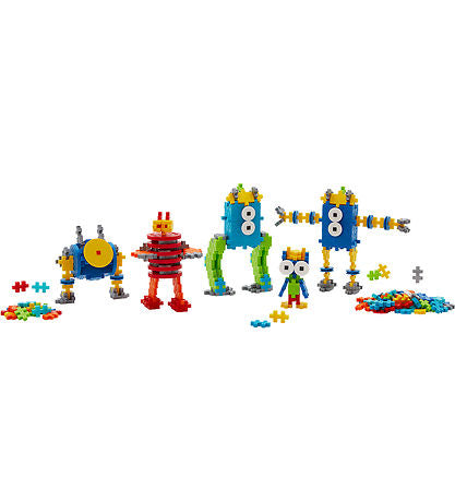 Five colorful toy robots built from interlocking plastic pieces in blue, red, yellow, and green on a white background.