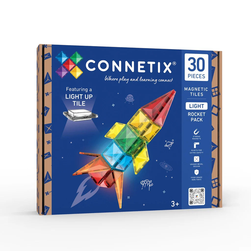 Connetix 30 Piece Light Rocket Pack box featuring a rocket built from colorful magnetic tiles and a light-up tile component.
