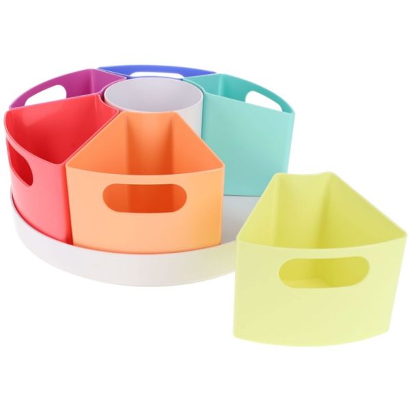 Rotating rainbow desktop caddy with removable wedge-shaped bins and a center cup on a white swivel base.