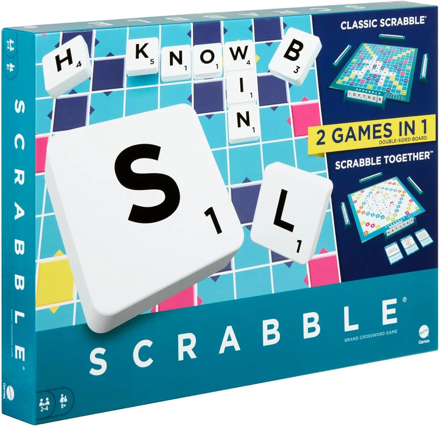 A teal Scrabble game box featuring large white letter tiles and images of the two game board styles.