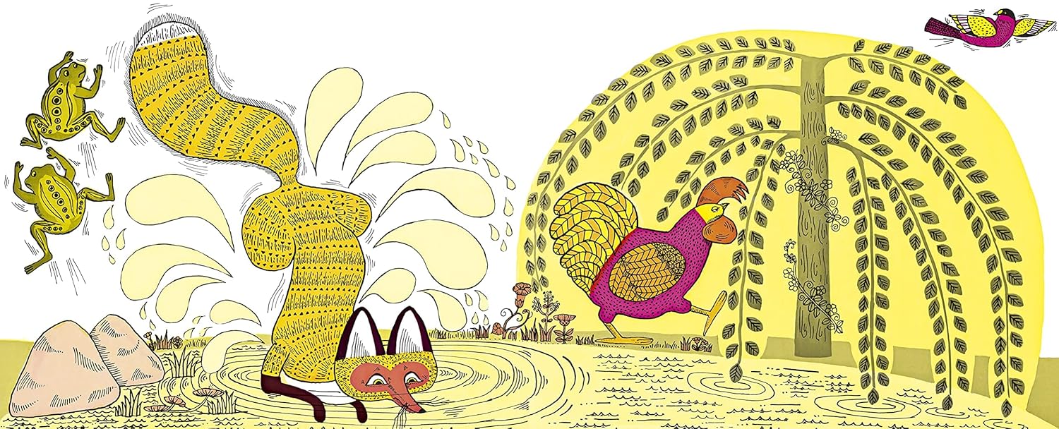 Patterned yellow fox splashing in water near frogs and a pink hen walking under a large yellow weeping willow tree.