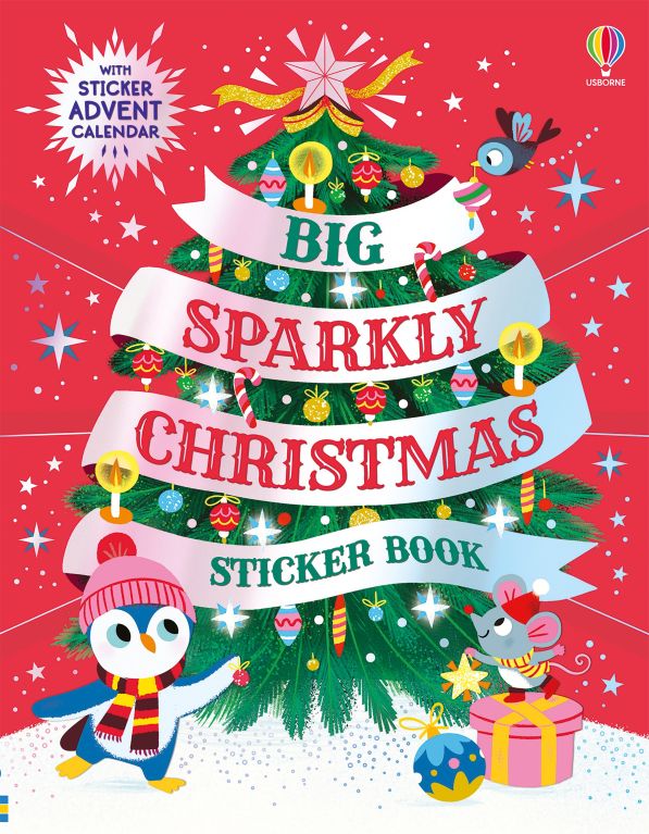 Red cover of Big Sparkly Christmas Sticker Book with a decorated tree, penguin, mouse, and bird illustration.