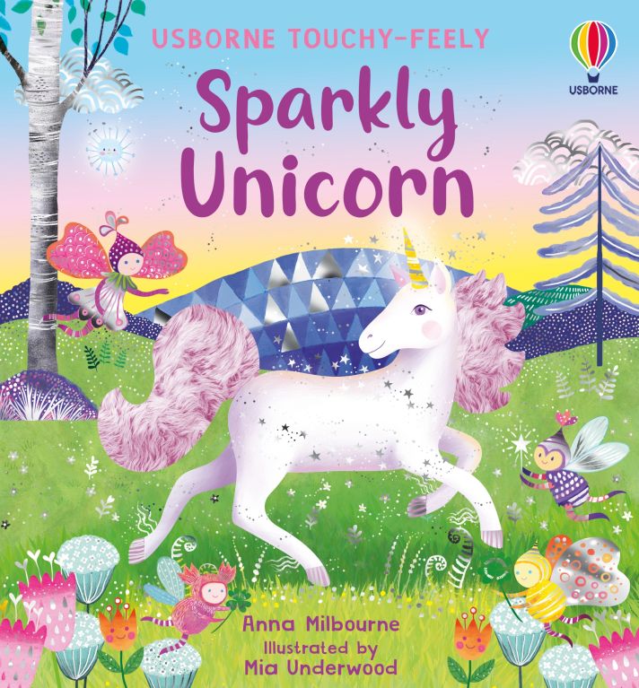 Sparkly Unicorn board book cover with a white unicorn, pink mane, and fairies in a green meadow.