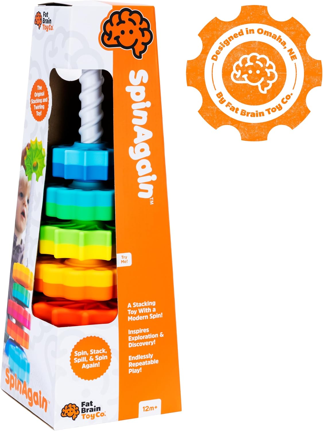 Spin Again toy in orange box with colorful gear-shaped discs stacked on a white spiral corkscrew pole.