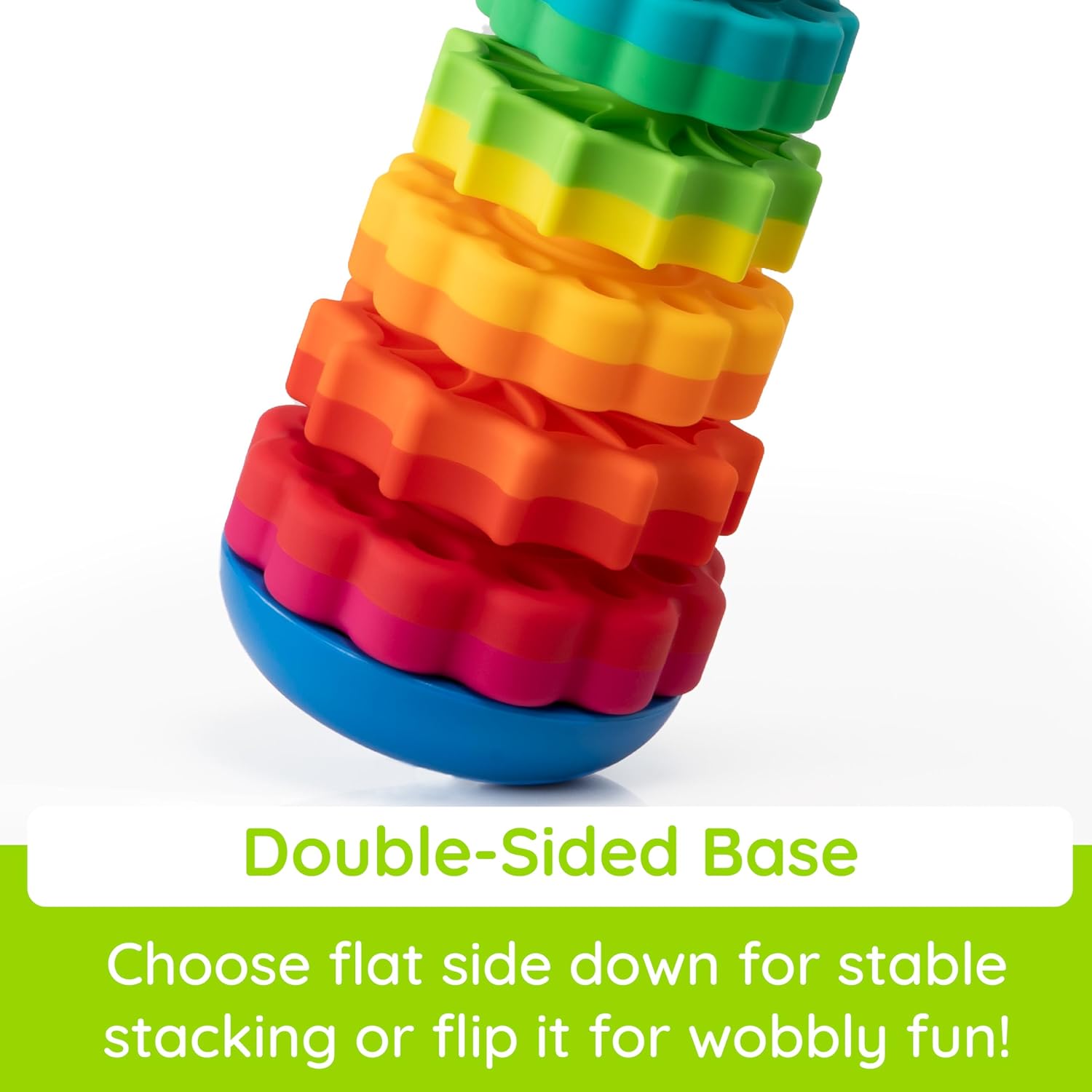 Stack of colorful flower-shaped gears on a rounded blue base, illustrating the wobbly base feature.