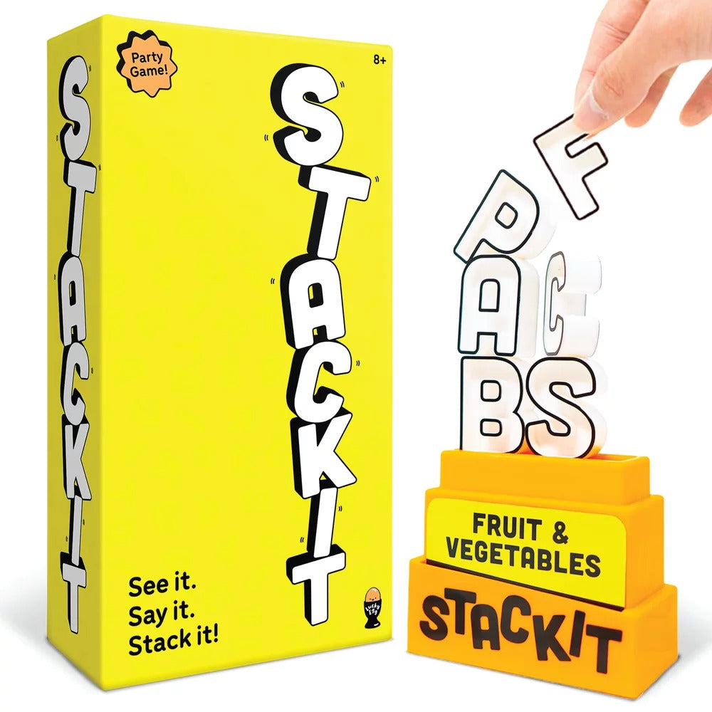 Yellow STACKIT game box with white 3D letters being stacked onto a yellow base labeled Fruit & Vegetables.