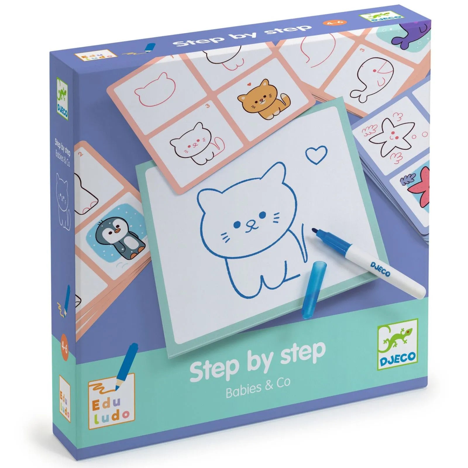 Djeco Step by Step Babies & Co box showing drawing cards and a cat being drawn on a white board with a blue marker.