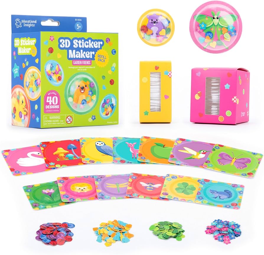 3D Sticker Maker Garden Friends Refill Pack featuring animal cards, colorful sequins, and sticker domes on white background.