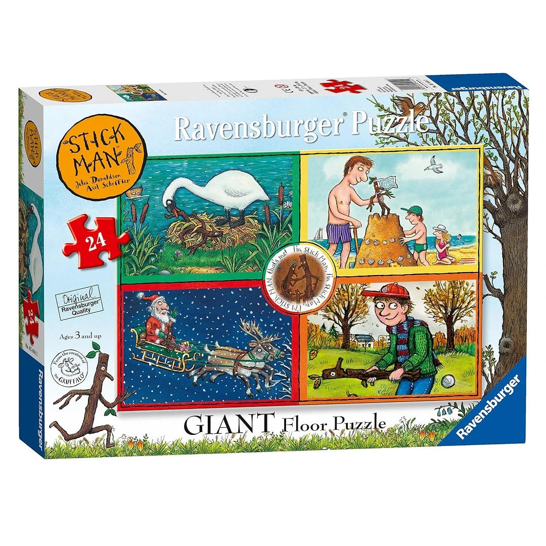 A box for a Ravensburger Stick Man giant floor puzzle featuring four scenes from the book and 24 large pieces.