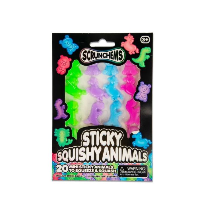 Pack of 20 colorful translucent mini sticky squishy animals in shapes like bears, unicorns, and dinosaurs.