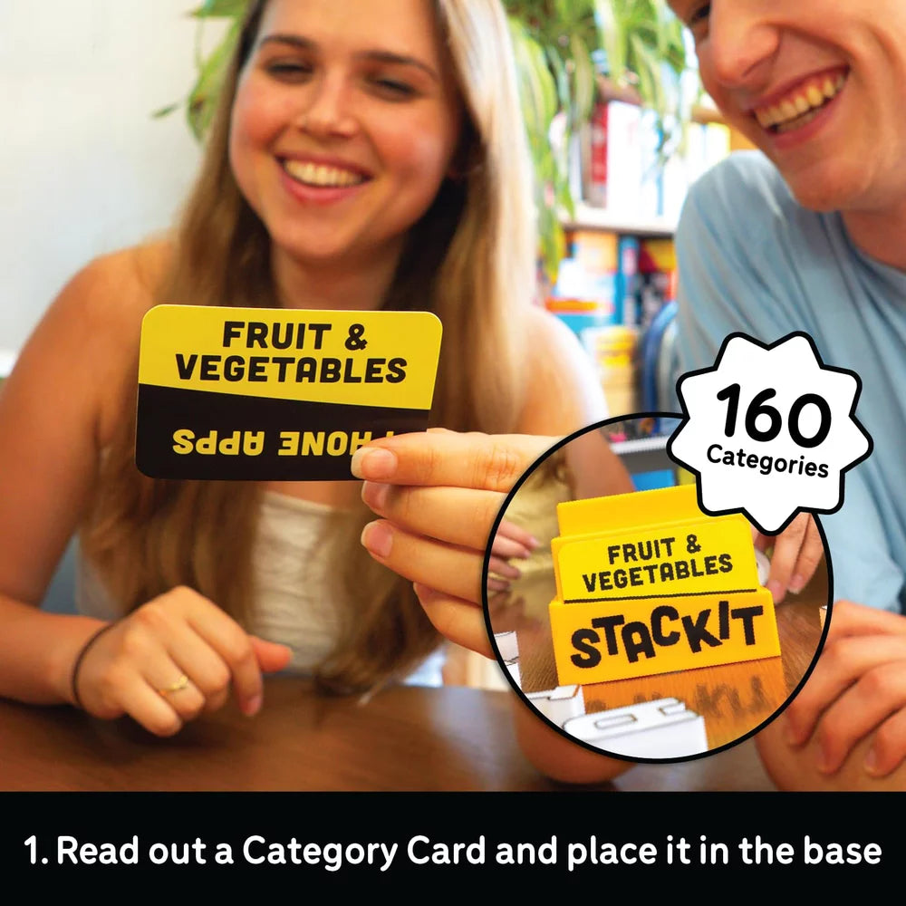 Two people holding a 'Fruit & Vegetables' card with a close-up of the card and text overlay.