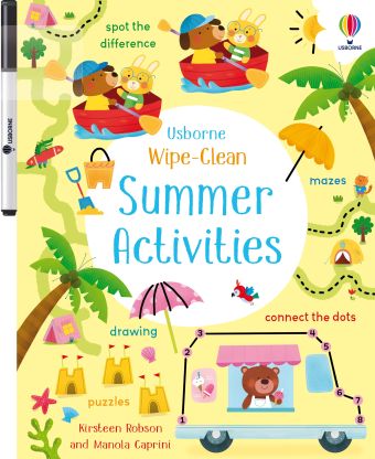Cover of Usborne Wipe-Clean Summer Activities book with colorful animal illustrations and an attached black marker.