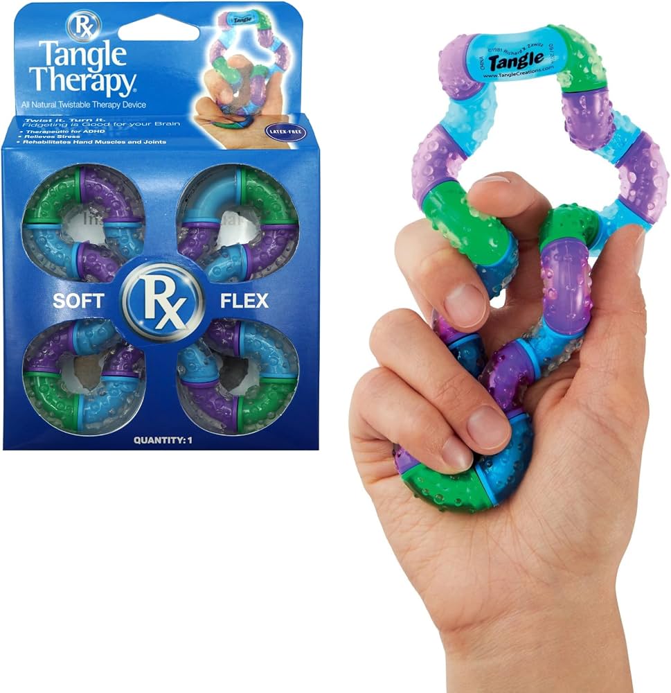 A twistable sensory toy with translucent blue, green, and purple bumpy sections being manipulated by a hand.