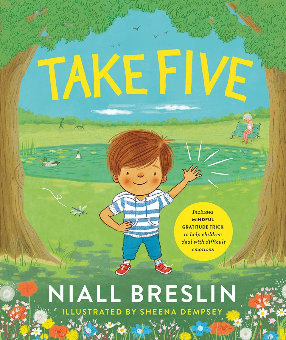Cover of Take Five book showing a boy waving in a park with a pond, trees, and flowers.