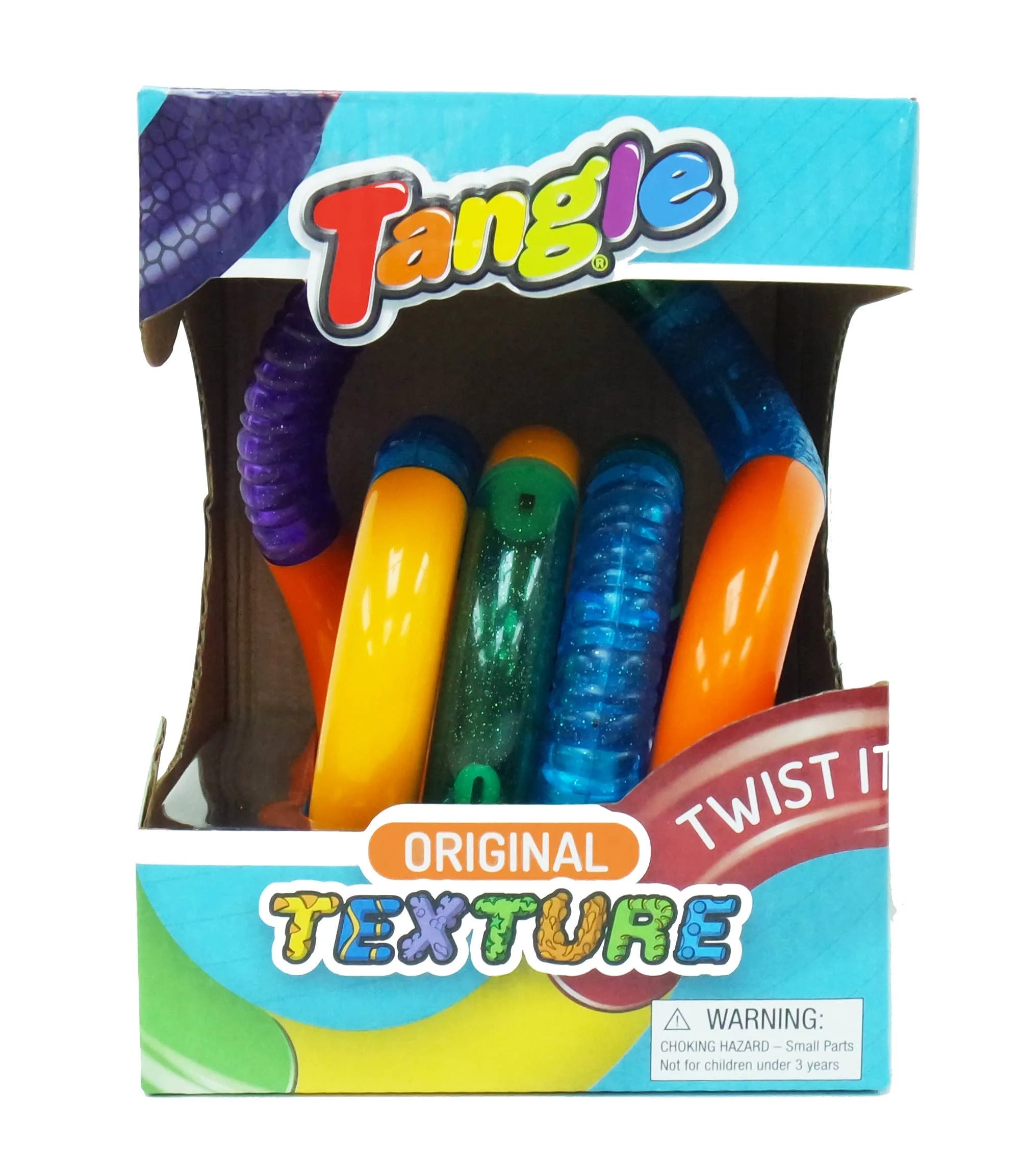 A colorful Tangle toy with various textured segments inside a blue and green cardboard box.