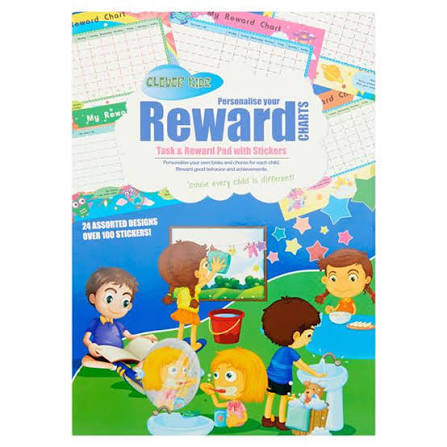 Front cover of a Clever Kids Reward Chart pad showing illustrated children doing chores and sample chart pages.
