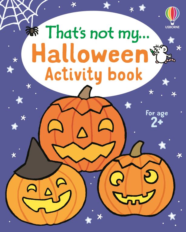Purple book cover with three illustrated pumpkins, a spider, and a mouse, titled That's not my Halloween Activity book.