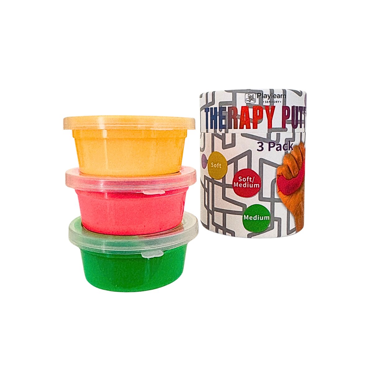 Yellow, pink, and green therapy putty tubs stacked next to a cylindrical container labeled Therapy Putty 3 Pack.