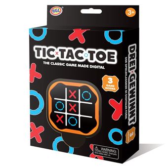 Black retail box for digital Tic Tac Toe showing a handheld device with glowing red X and blue O icons on its screen.