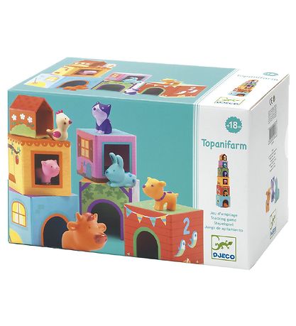 Retail box for Djeco Topanifarm showing colorful stacking cubes and six small animal figurines on a blue background.
