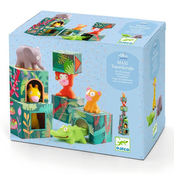 The packaging for Djeco MAXI Topanijungle, showing five colorful stacking blocks and five soft plastic animal figurines.