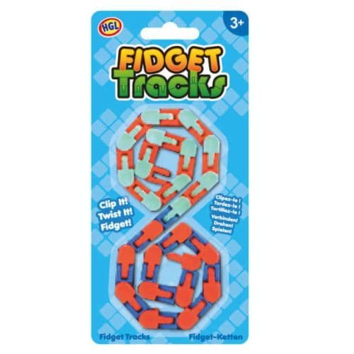 Fidget Tracks toy featuring interlocking orange, blue, and light green plastic segments on a blue blister pack.