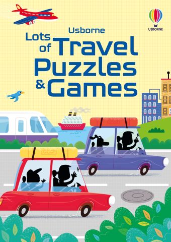 Cover of Usborne Lots of Travel Puzzles & Games book with cartoon cars, a plane, a ship, and a hot air balloon.