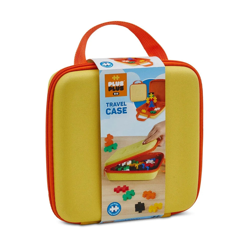 Yellow fabric travel case with orange trim and handle, featuring colorful Plus-Plus Big building blocks.