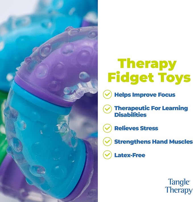 Blue and purple fidget toy with text highlighting its benefits on a white background