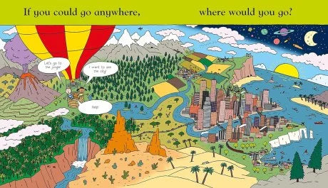Colorful illustration of a red and yellow hot air balloon over a landscape with a city, jungle, desert, and space.