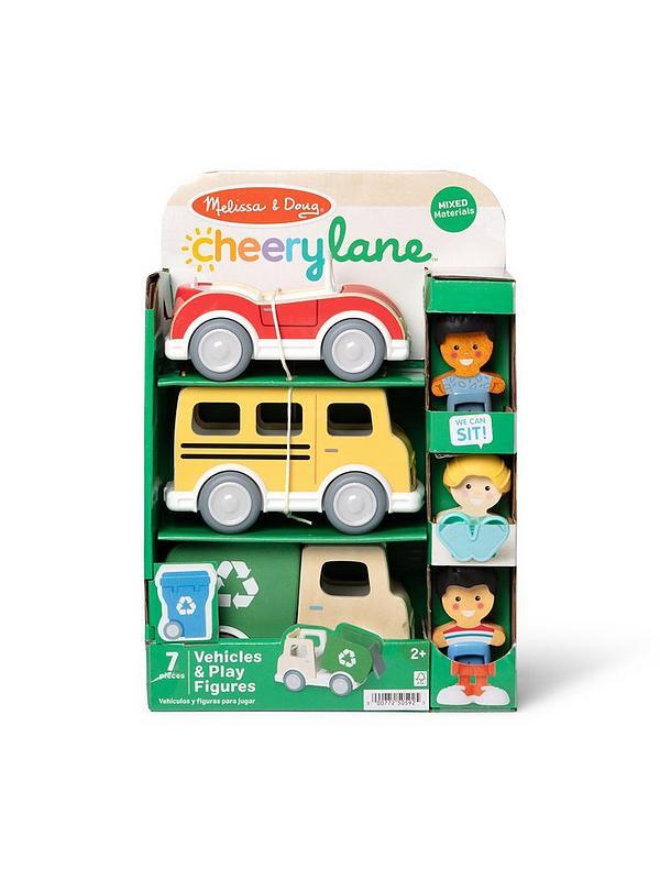 Cheery Lane toy set featuring a red car, yellow bus, green recycling truck, and three play figures in green packaging.