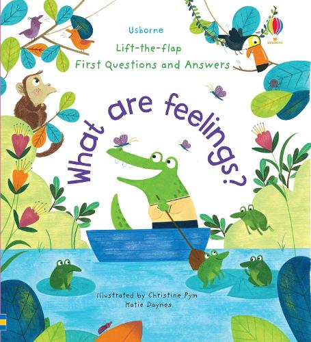 Cover of 'What are feelings?' book featuring a crocodile in a boat, a monkey, and frogs in a colorful jungle scene.