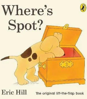 Cover of Where's Spot? book showing a yellow puppy with a brown spot looking into an open wooden chest.