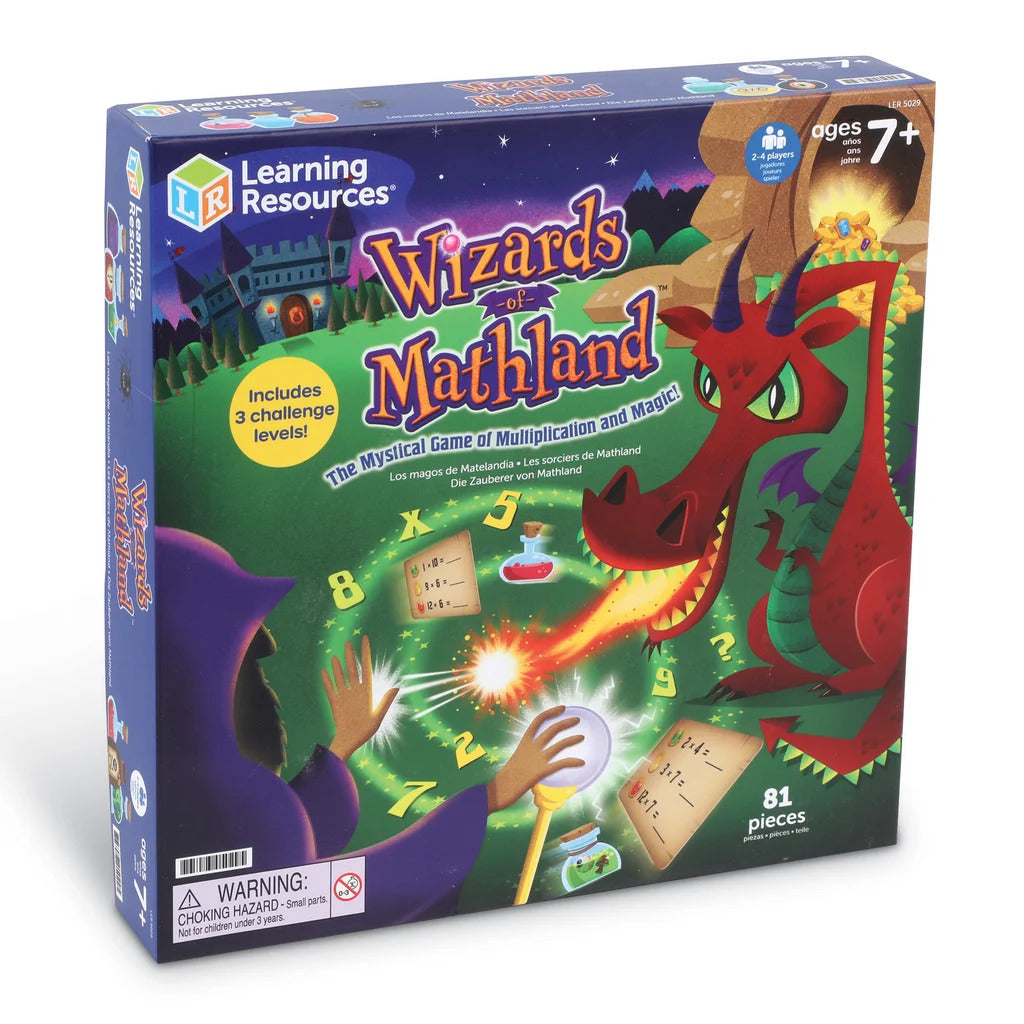 Box art for Wizards of Mathland game featuring a wizard facing a red dragon with floating multiplication problems.