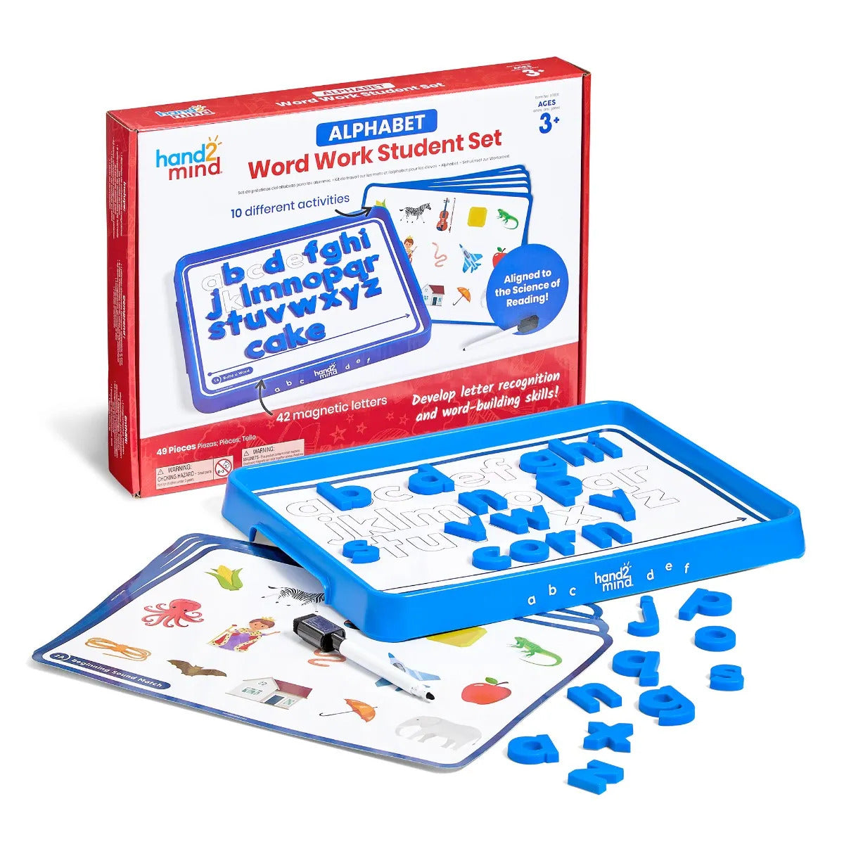 Educational alphabet set with blue magnetic letters, a white tray, and activity cards featuring colorful illustrations.