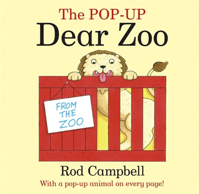 Front cover of Dear Zoo pop-up book featuring an illustration of a lion inside a red wooden crate.