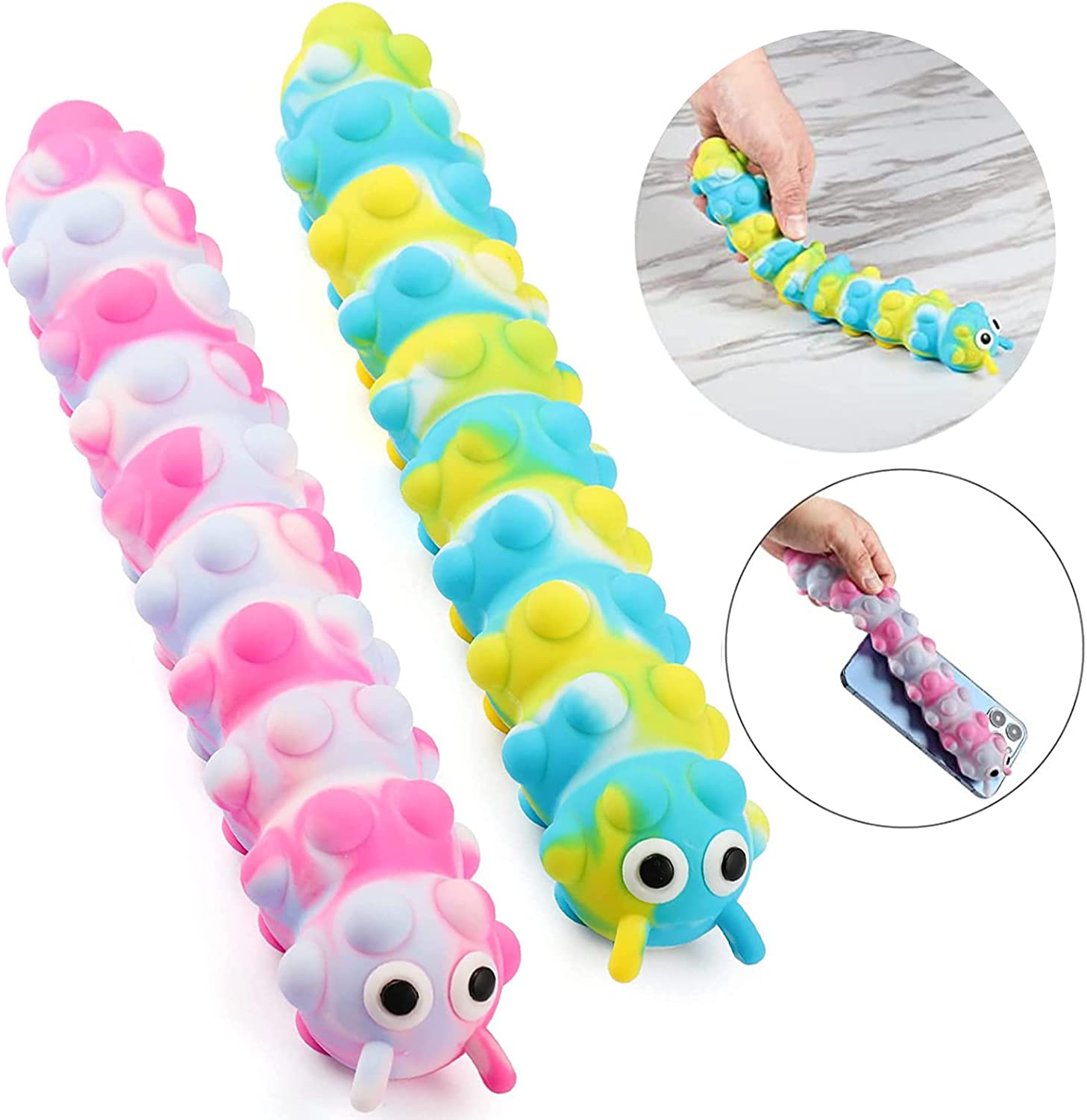 Marbled pink and blue caterpillar pop-it toys with suction cups and googly eyes shown sticking to a phone and stretched.