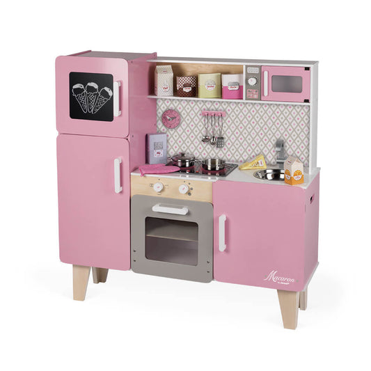 Janod - Macaron Wooden Maxi Kitchen for Children - Equipped with a Fridge and a Microwave - Pretend Play - 15 Accessories Included - Age of 3+